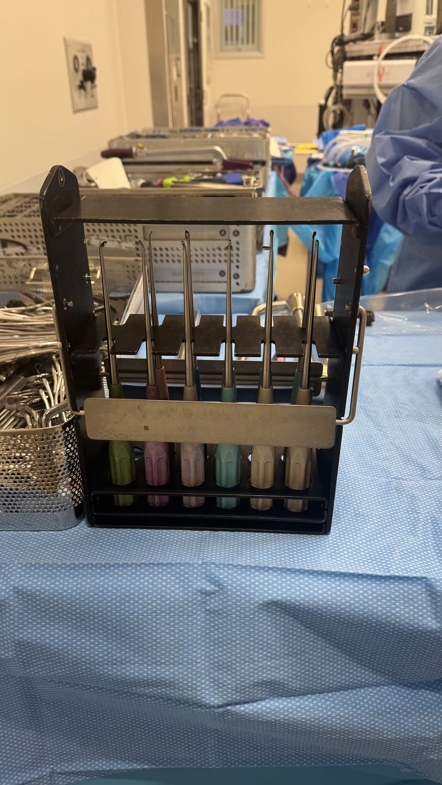 Chroma-Line curettes — color-coded rack (angled view)